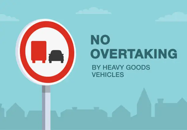 Vector illustration of Safe driving tips and traffic regulation rules. No overtaking by heavy goods vehicles road sign. Close-up view.