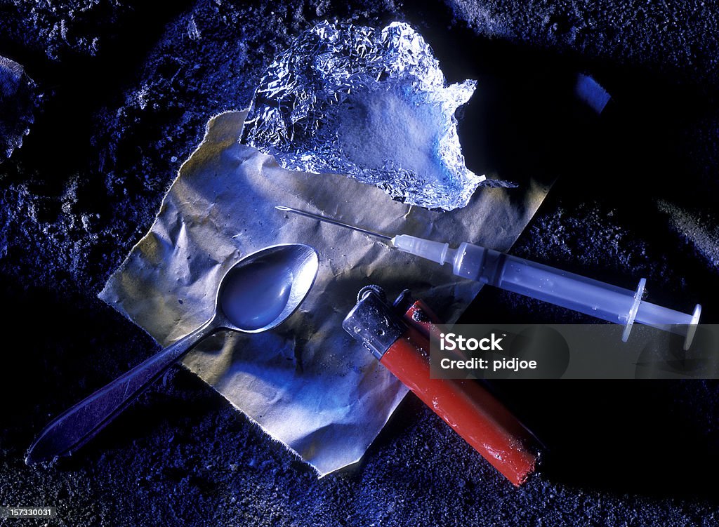 Kokain Spritze und Löffel - Lizenzfrei Heroin Stock-Foto