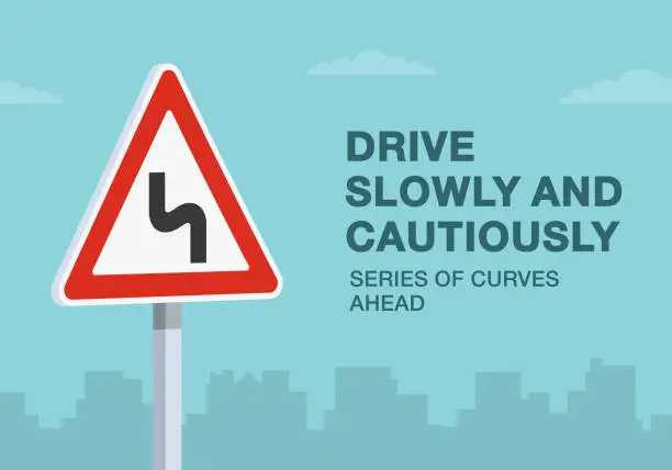 Vector illustration of Safe driving tips and traffic regulation rules. Drive slowly and cautiously, series of curves ahead road sign. Close-up view.