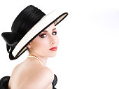 Beautiful Sophisticated Chanel Girl with Uncropped Hat on White, Copyspace