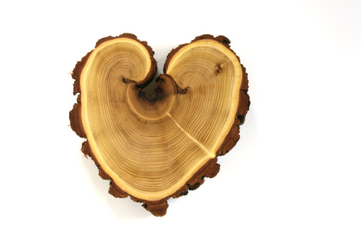 Wooden heart on oak table with copy space