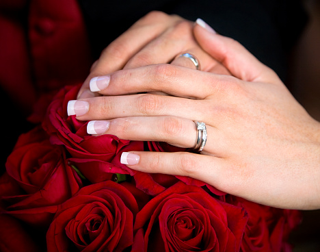 A bride and groom's hands over a bouquet of red roses.