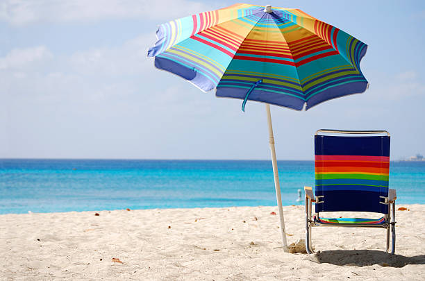 istock Chair and colorful umbrella on deserted beach 157331143