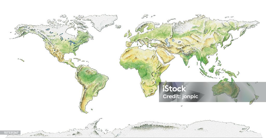 Topographical map of the World, water colour illustration A hand-painted topographical map of the world, showing all the major mountain ranges. Includes clipping path. World Map stock illustration