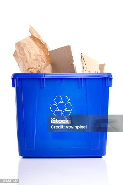 Recycling Bin With Paper Stock Photo - Download Image Now - Blue, Color Image, Cut Out
