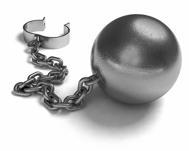 A ball and chain on a white background. Very high resolution 3D render.