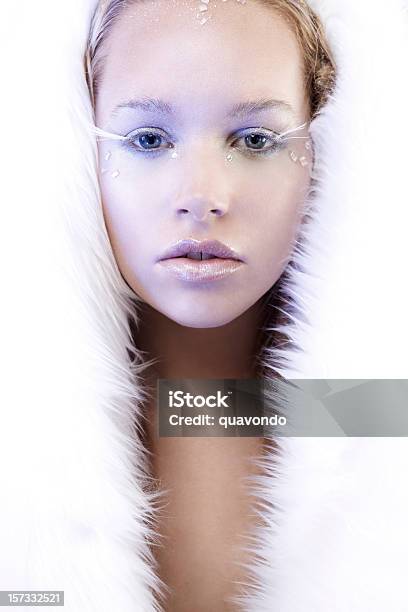 Beautiful Ice Queen In White Fur Copy Space Stock Photo - Download Image Now - Snow Maiden, Eyelash, 16-17 Years