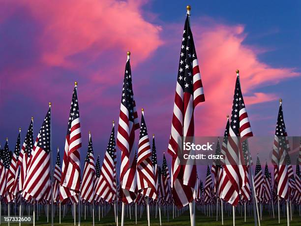 American Flags On September 11 9 11 At Sunset Stock Photo - Download Image Now - American Flag, Variation, In A Row