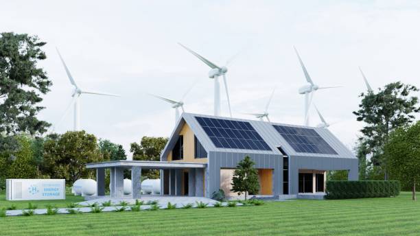 istock Modern eco house with solar panels and windmills to use alternative energy. 1573326023