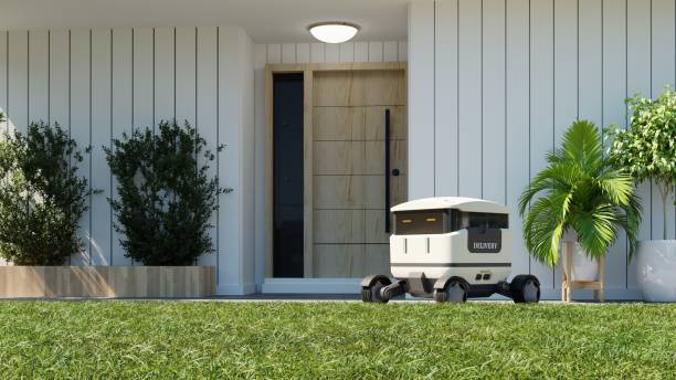 robot dostarczający jedzenie szybko dostarcza dostawy przed dom. - driverless train zdjęcia i obrazy z banku zdjęć