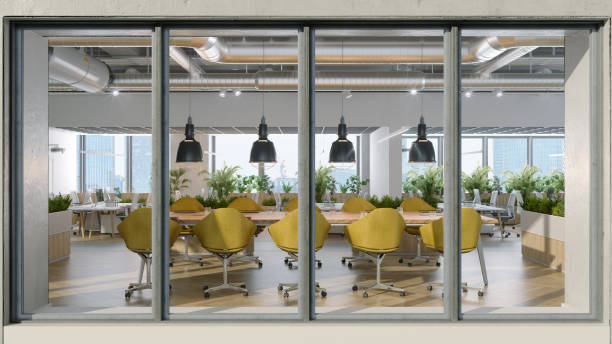 outside view of modern meeting room with table, yellow chairs and plants - board room business conference table window imagens e fotografias de stock