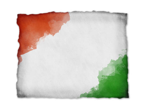 istock Horizontal tricolor backgrounds, in bright smudged orange or saffron, white green colors paint smudges as in National Flag of India, like messy water color paint splattered on corners of white textured paper background with frayed weathered edges 1573329198
