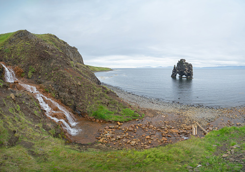 Hvitserkur with sea shore in Iceland. Landmark tourist attraction