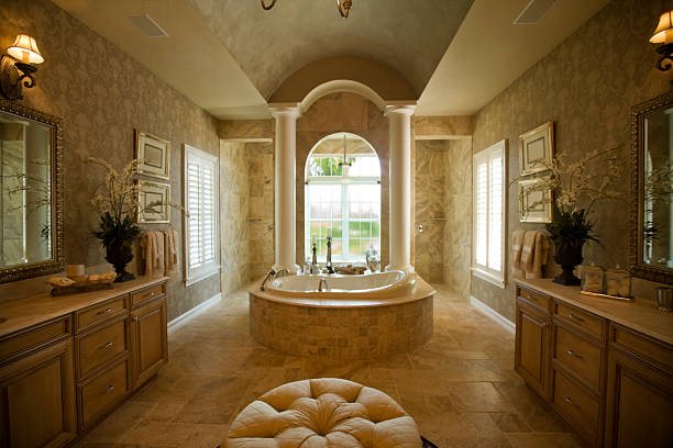 Luxury bathroom with spa tub  travertine pool photos stock pictures, royalty-free photos & images