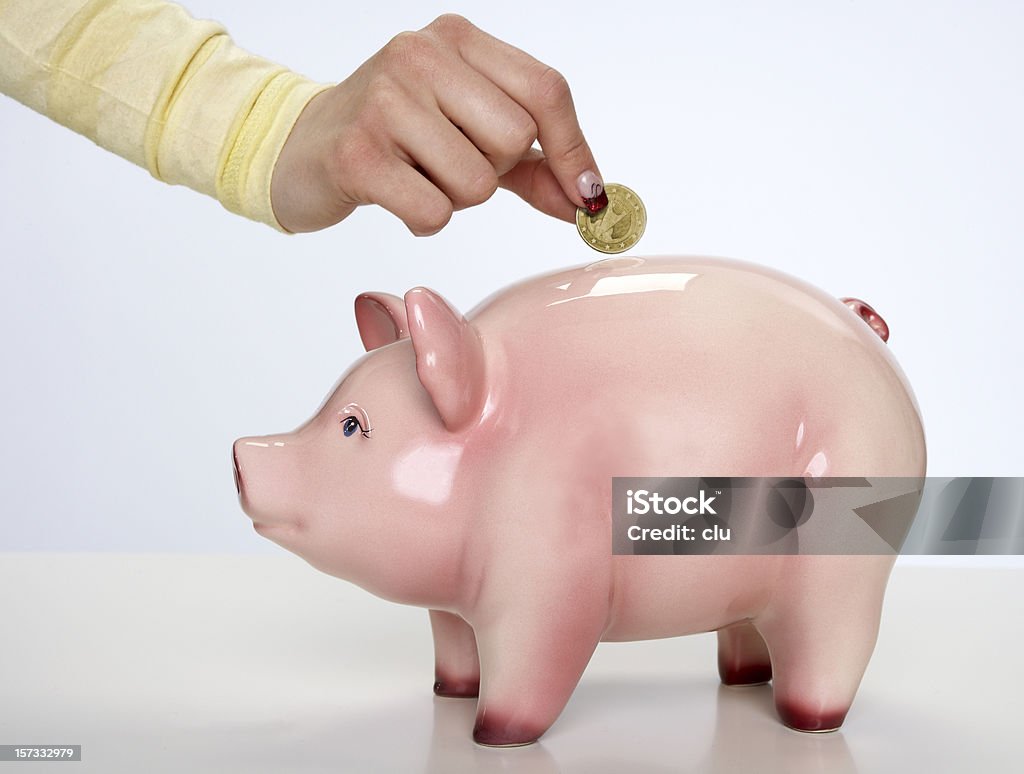 기부 동전 이 piggybank - 로열티 프리 돼지 저금통 스톡 사진