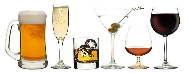 Six Drinks Six popular adult beverages on white. martini glass photos stock pictures, royalty-free photos & images