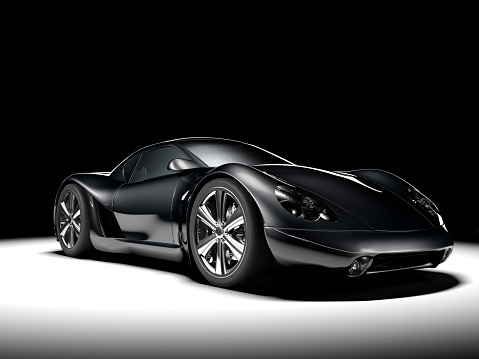 A black sports car, spotlit against a black background. My own sports car design. Very high resolution 3D render.