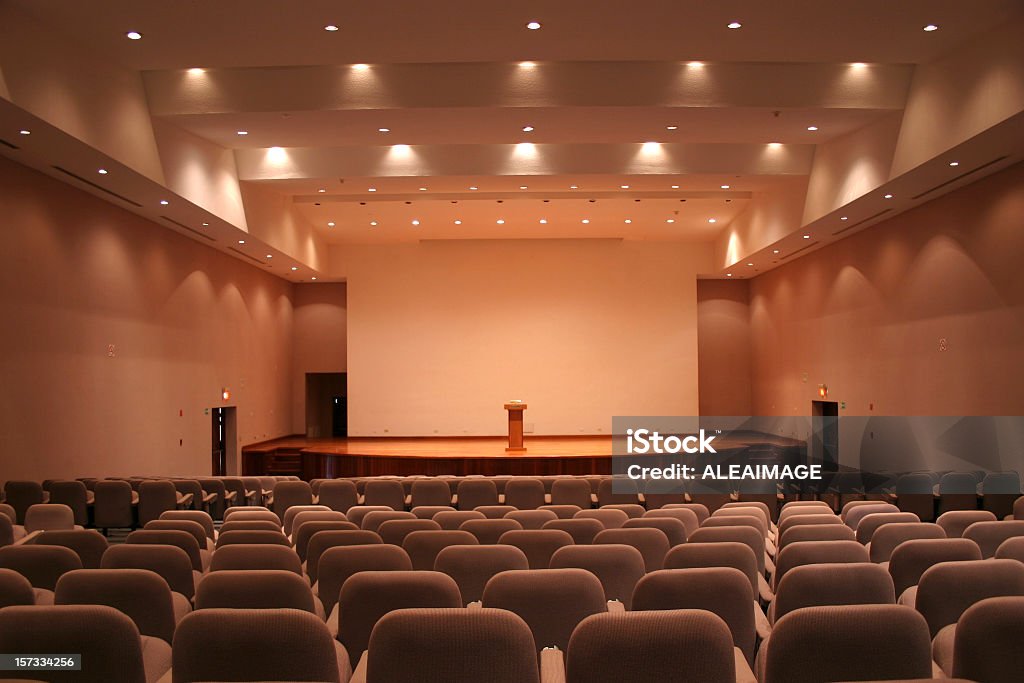 Empty auditorium with grey seats and downlights Auditorium. Auditorium Stock Photo