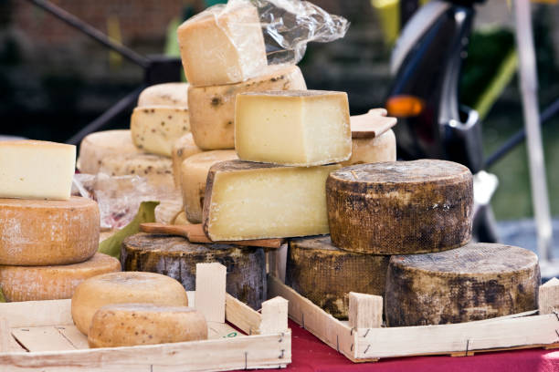 fromage au marché de rue. image en couleur - cheese making photos et images de collection