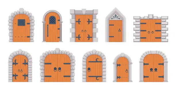 Vector illustration of Medieval wooden doors with brick stone arch different shape set isometric vector illustration