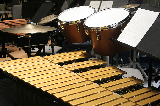 This orchestral percussion section features the vibraphone (gold bars), two tom drums, cymbals, and other instruments in the background.  Please click here to see other 