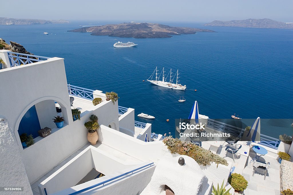 Santorini Volcanic caldera as seen from the hotels along Fira, Santorini's capital. Greece. Yacht Stock Photo