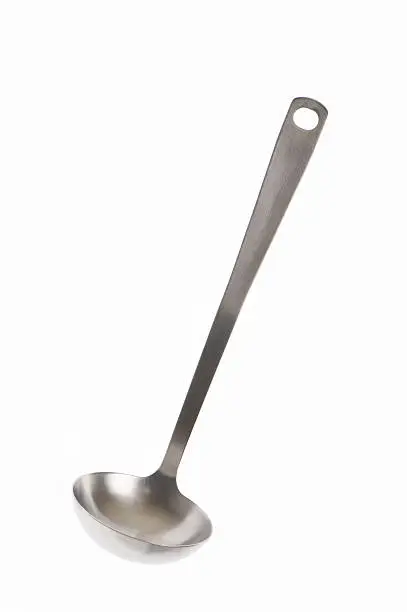 Stainless steel kitchen ladle on a pure white background.