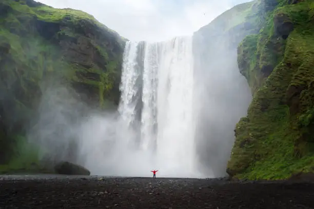 Skogafoss waterfall in summer season in Iceland. Famous nature landscape background