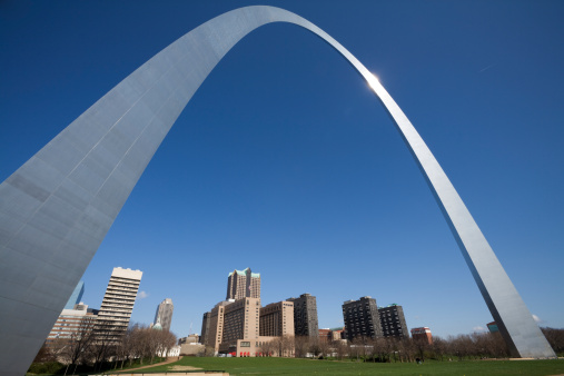 St. Louis Missouri USA downtown city skyline view and the Gateway Arch over the Mississippi River in the summer