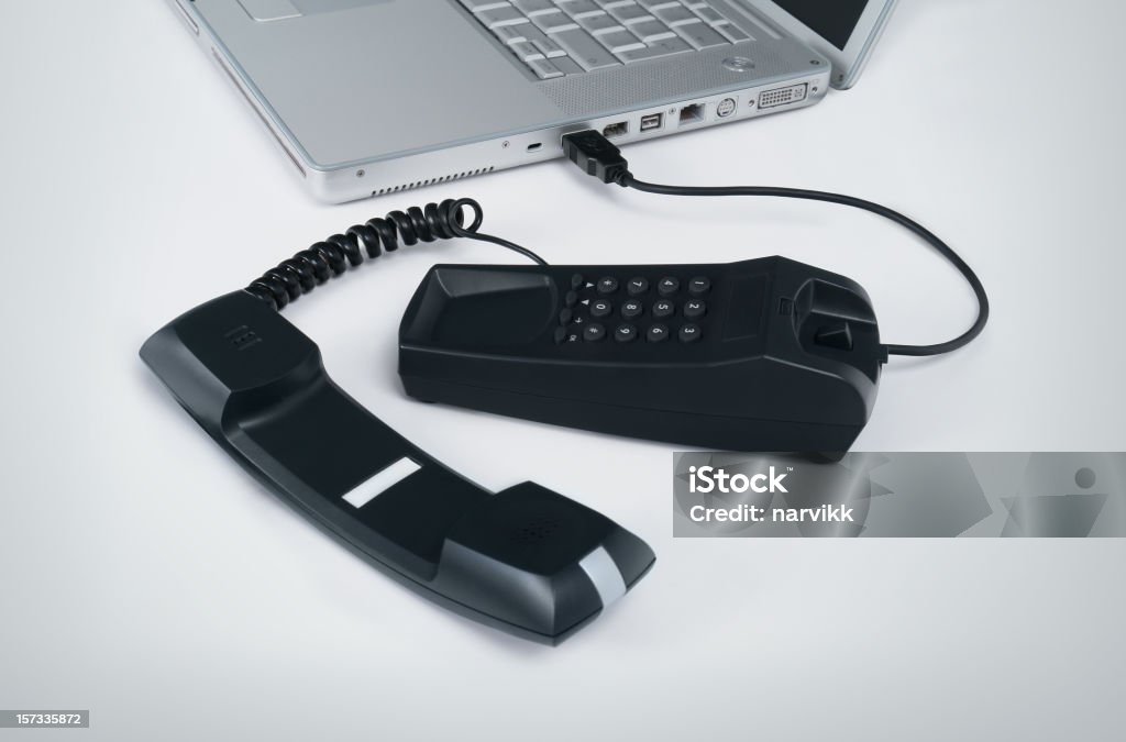 Internet VOIP Telephone Internet Telephone Connected with Laptop Black And White Stock Photo