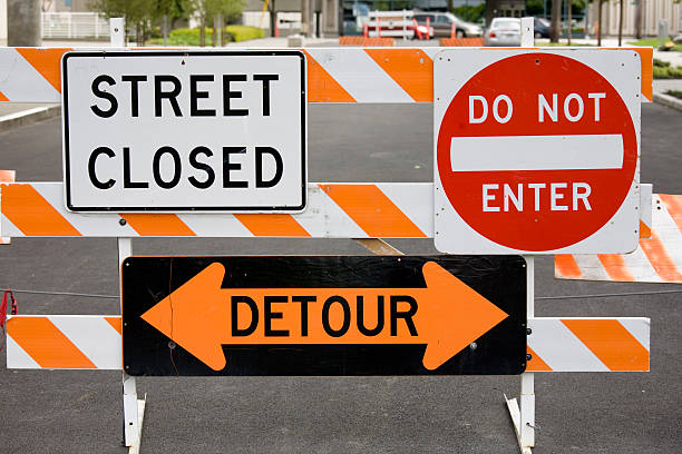 Warning signs street closed detour do not enter stock photo