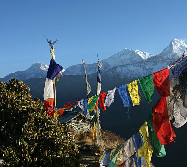istock Annapurna mountain range and tibetan prayer flags 157336588