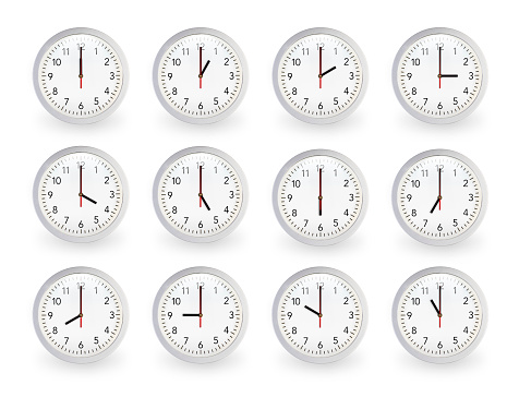 Conceptual time image of clock faces for each hour isolated over black background