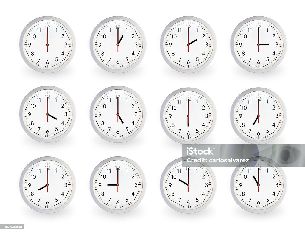 Twelve clocks, 12 hours. Twelve withe clocks, 12 hours. Clock Stock Photo
