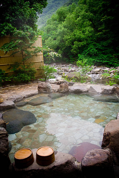 Outdoor hot springs bath - Hakone, Japan stock photo