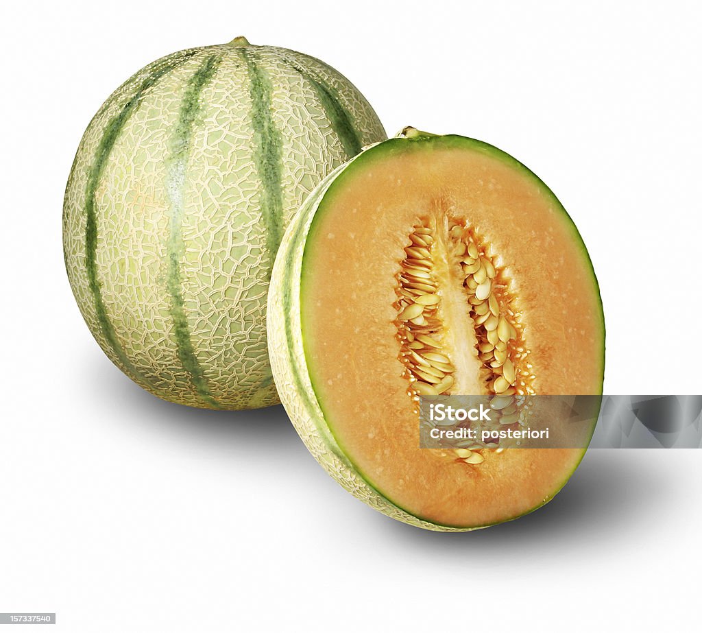 One whole cantaloupe and one half Fresh melon Melon Stock Photo