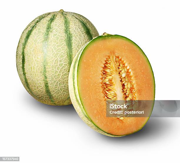 One Whole Cantaloupe And One Half Stock Photo - Download Image Now - Melon, White Background, Cantaloupe