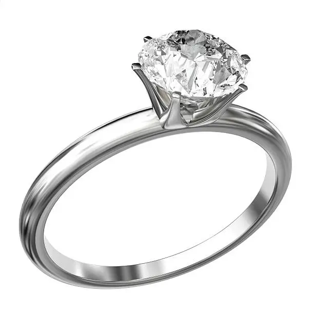 White gold ring with a large princess cut diamond isolated on a white background. Very high resolution 3D render.