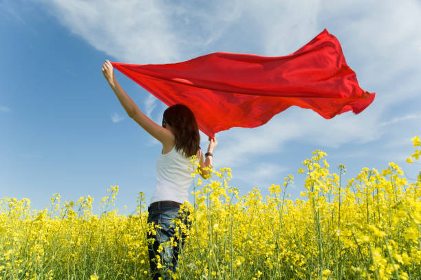 istock Young woman with hands up holding red shawl in wind 157338714