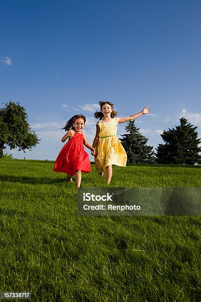 Foto de Lindas Meninas Correndo Em Um Campo De Grama e mais fotos de stock de 4-5 Anos - 4-5 Anos, 8-9 Anos, Amizade