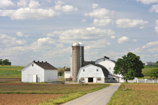 Driveway and red barn in rural York County, Pennsylvania.