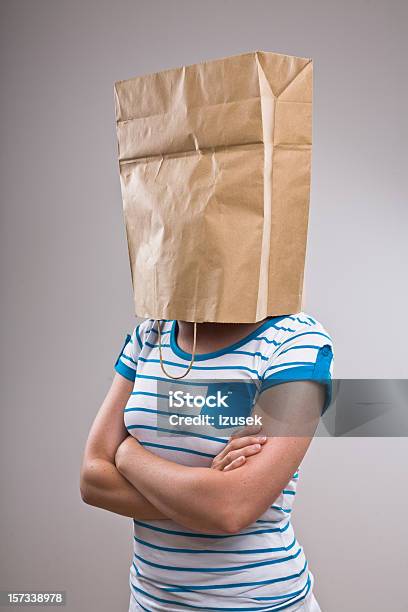 Woman With Paper Bag On Her Head Stock Photo - Download Image Now - Paper Bag, One Woman Only, Women
