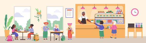 Vector illustration of interior of school cafeteria with staff, schoolchildren take, eat drinks and meal, having lunch Vector illustration of cozy interior of school cafeteria with staff and furniture. Schoolchildren take and eat drinks and meal. Cartoon kids having break time for lunch in school canteen black meat tray stock illustrations