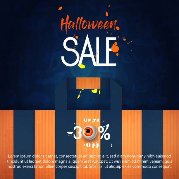 Vector illustration of Halloween and sale concept in cartoon style. Gifts with hashtags and smudges on an abstract colored background with hand drawn illustrations. Modern vector web template with copy space.