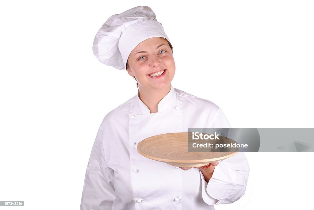 Молодой Женский шеф-повар, показывая Деревянная посуда - Стоковые фото Белый роялти-фри