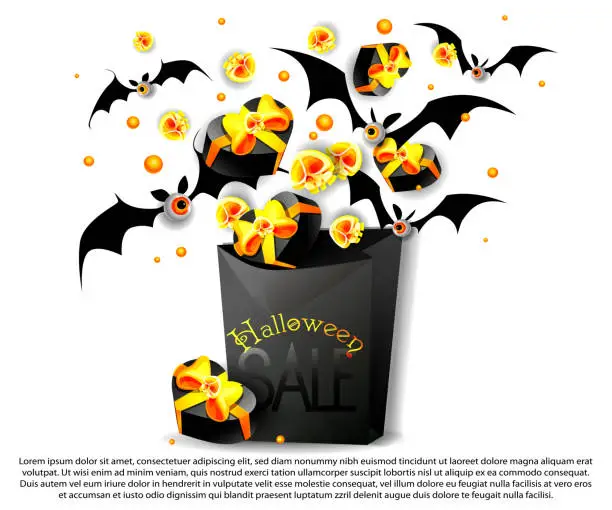 Vector illustration of Halloween and sale concept in cartoon style. Gift bag with gifts and creepy bats on a white background. Stylish vector template with copy space.