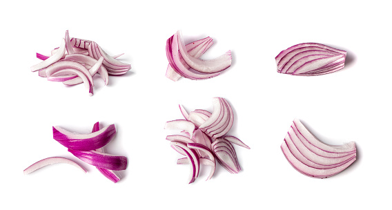 Red Onion Cuts Isolated, Raw Purple Onion Slices, Chopped Purple Onion Pieces on White Background