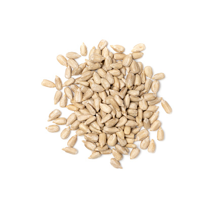 Peeled Sunflower Seeds Pile Isolated, Raw Sunflower Kernels Group, Sun Flower Grains, Peeled Sunflower Seeds on White Background Top View