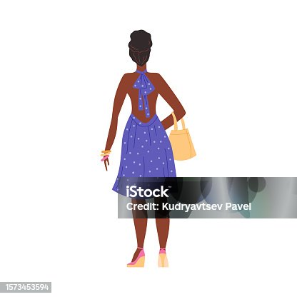 istock Elegant black woman standing backside, flat vector illustration isolated on white background. Fashionable person in dress, with accessories and bag, rear view. Turned back character. 1573453594