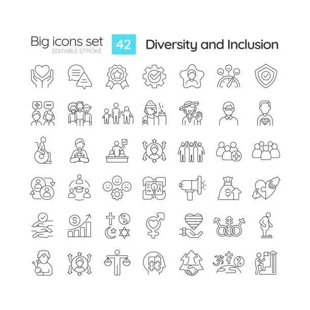Vector illustration of Diversity and inclusion linear icons set